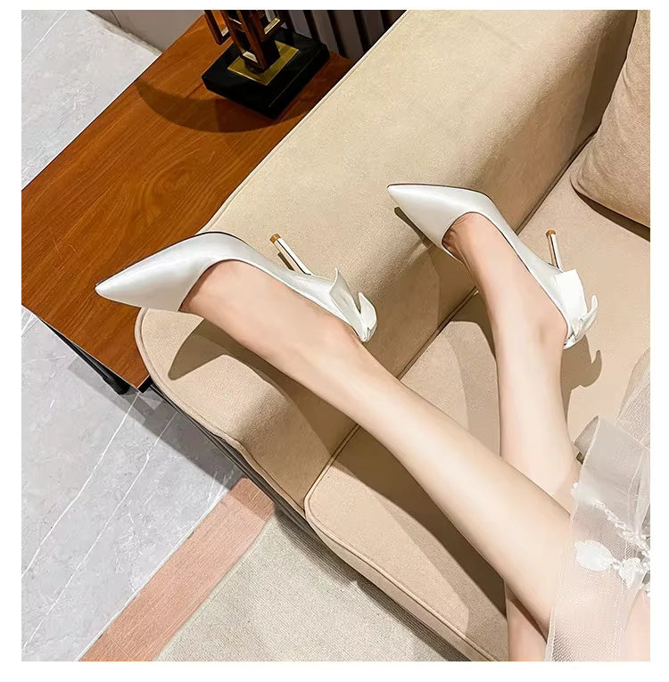 Silk Banquet Bow Pattern Botines High Heels  Bridal Shoes