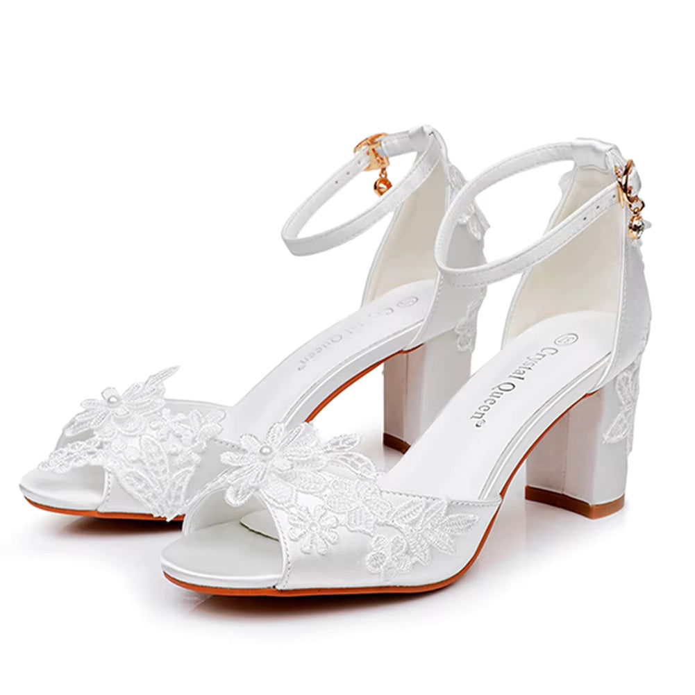 Crystal Flower Elegant Chunky High Heel Ankle Buckle White Lace Sandals