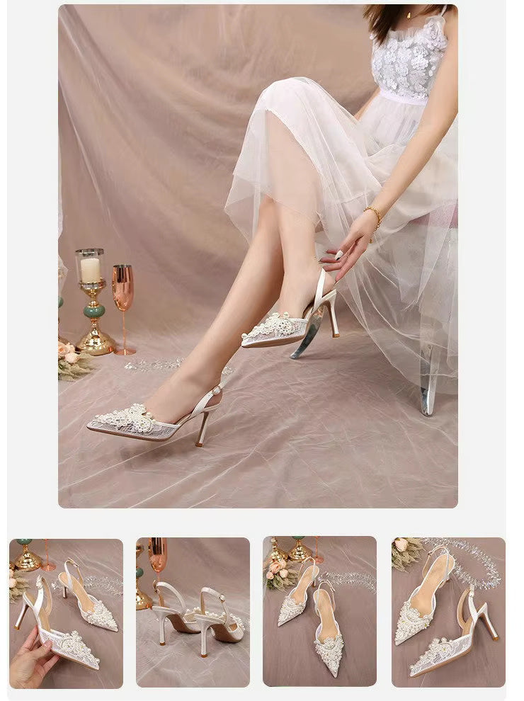 Pearl Fashion High Heels Lace Shoes Bridesmaid Shoes Pumps
