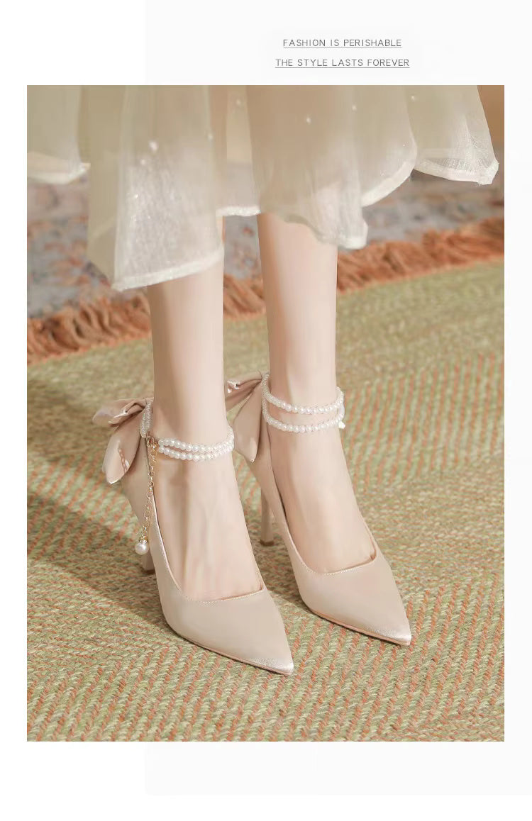 Pearls Buckle Belt Satin Fabric Bow  High Heel Point Toe Wedding Shoes