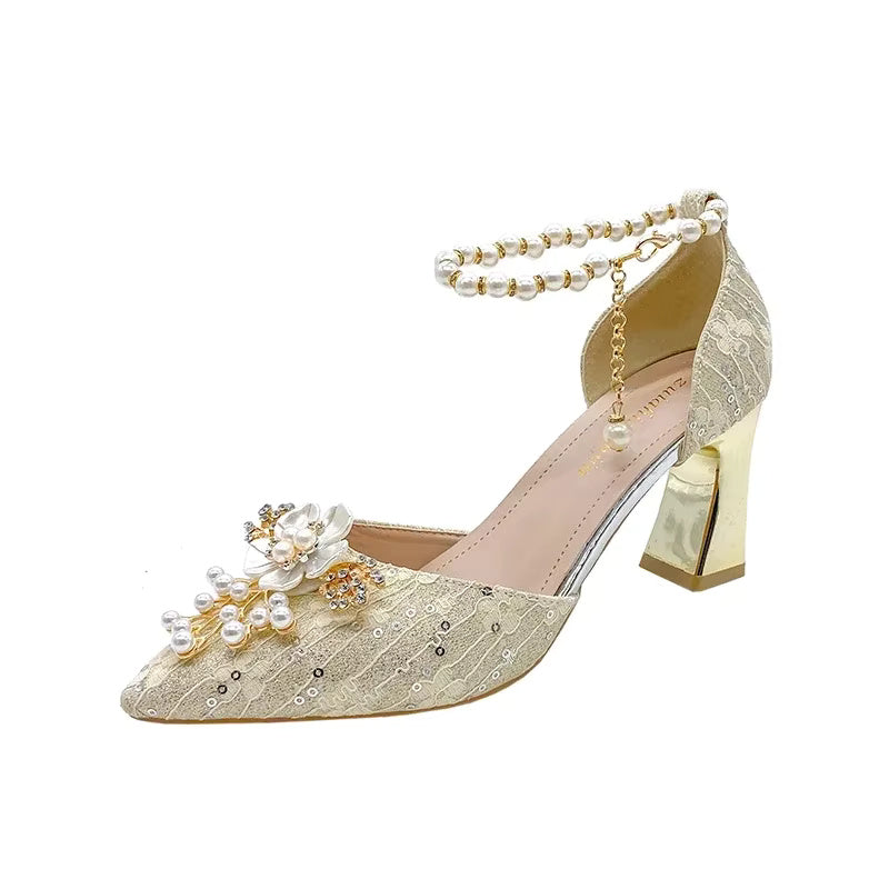 Lace Beaded Tassel Fashion Rhinestone Pattern Thick Heel Bridal Shoes