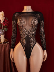 Seductive Black Long Sleeve Bodysuit Sheer Mesh Lace Exotic Lingerie Tight Elegant Pajamas Fetish Porn Sensual Stylish Underwear