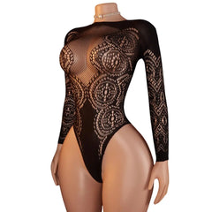 Seductive Black Long Sleeve Bodysuit Sheer Mesh Lace Exotic Lingerie Tight Elegant Pajamas Fetish Porn Sensual Stylish Underwear