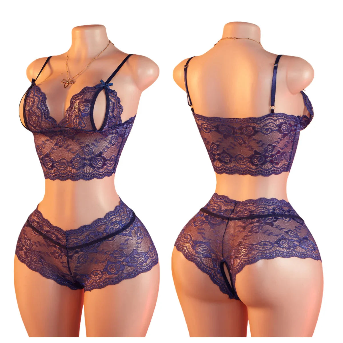 See-Through Teddy Blue Open-back Laced Two-piece Transparent Lingerie Set Panties Underwear