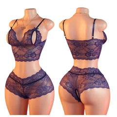 See-Through Teddy Blue Open-back Laced Two-piece Transparent Lingerie Set Panties Underwear