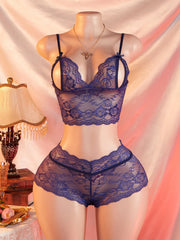 See-Through Teddy Blue Open-back Laced Two-piece Transparent Lingerie Set Panties Underwear