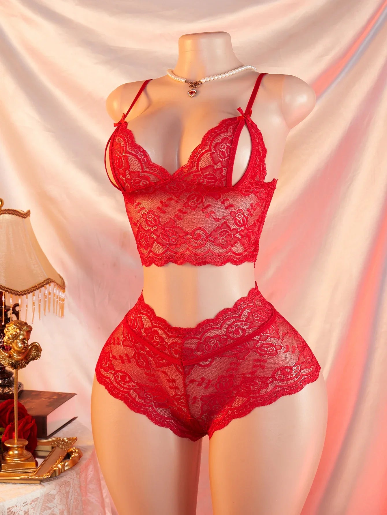 See-Through Teddy Blue Open-back Laced Two-piece Transparent Lingerie Set Panties Underwear