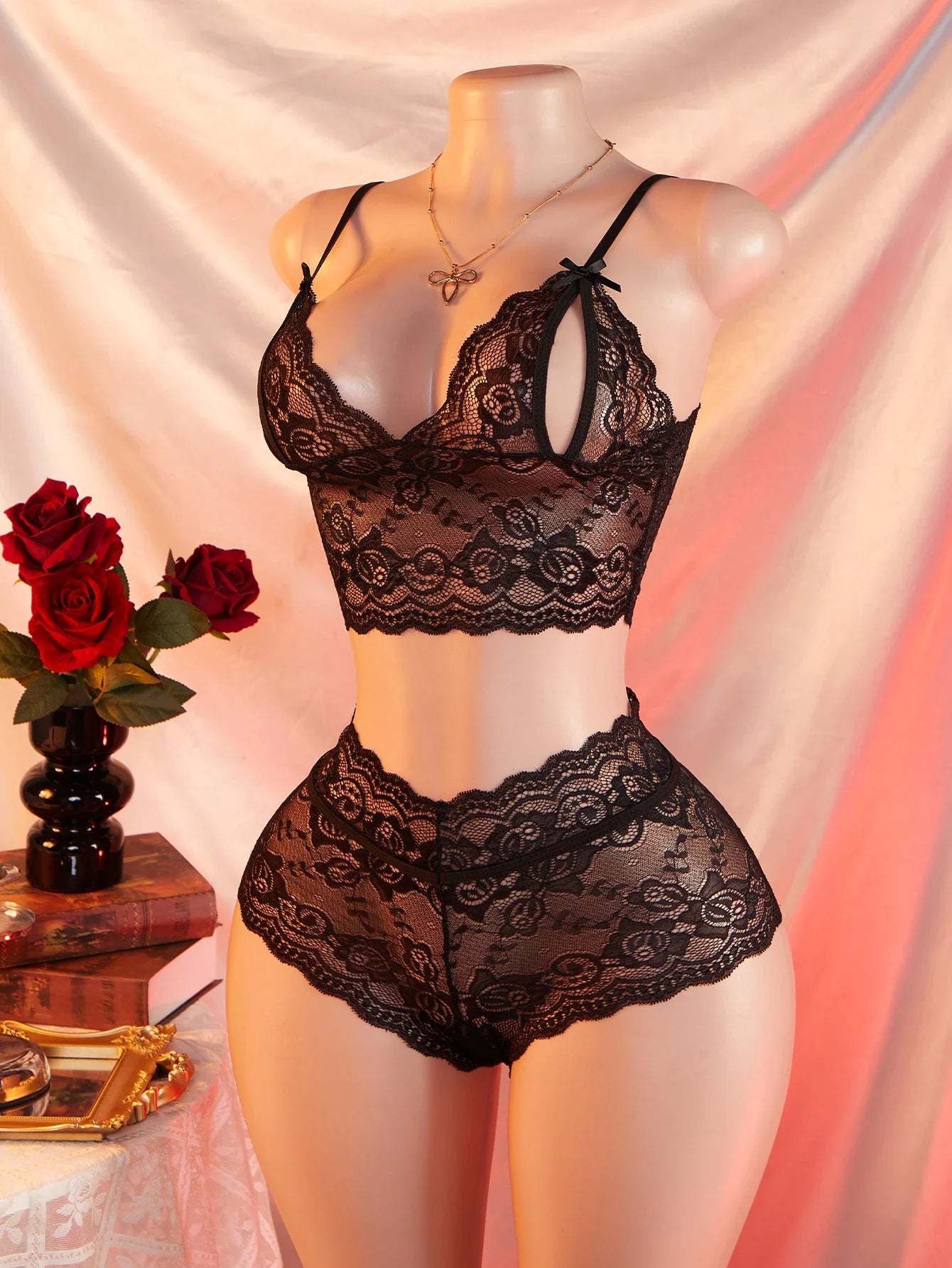 See-Through Teddy Blue Open-back Laced Two-piece Transparent Lingerie Set Panties Underwear