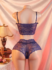 See-Through Teddy Blue Open-back Laced Two-piece Transparent Lingerie Set Panties Underwear