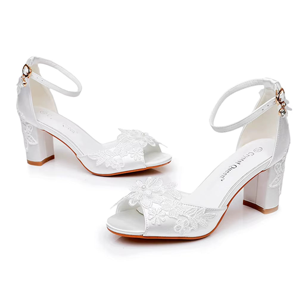 Crystal Flower Elegant Chunky High Heel Ankle Buckle White Lace Sandals