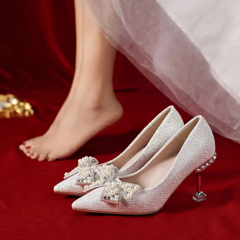 Rhinestone Fashion High Heels Metal Buckle  Bridel Shoe High Heel