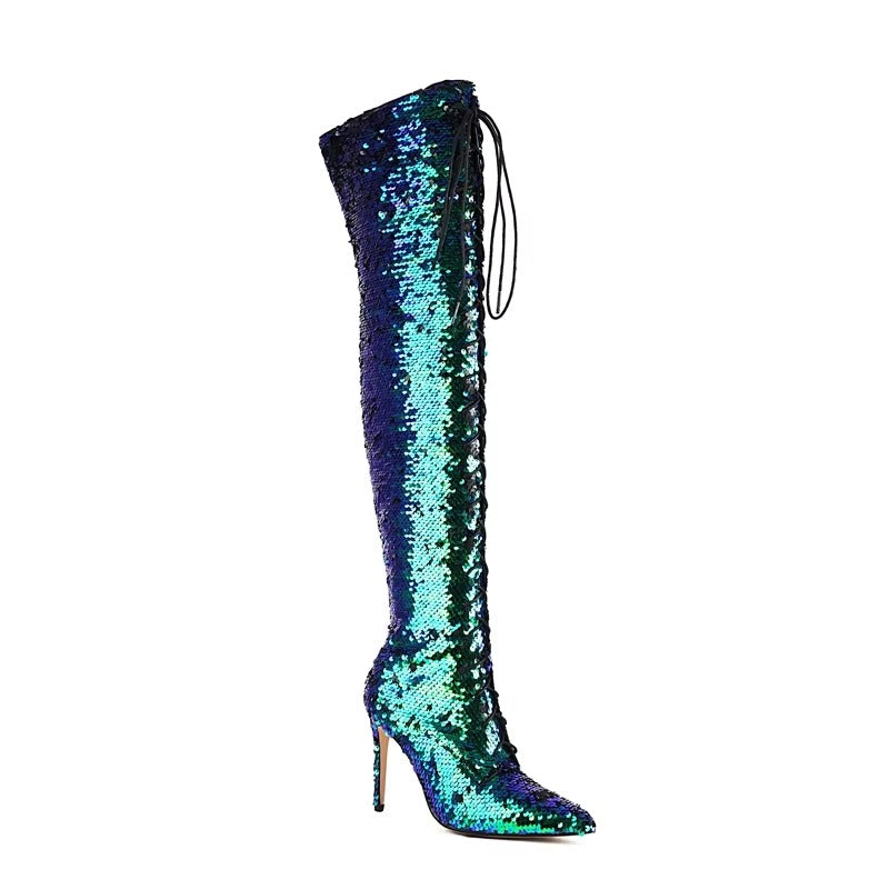 Sequin Pointed Lace up Nightclub Style High Leg Over Knee Long Boots