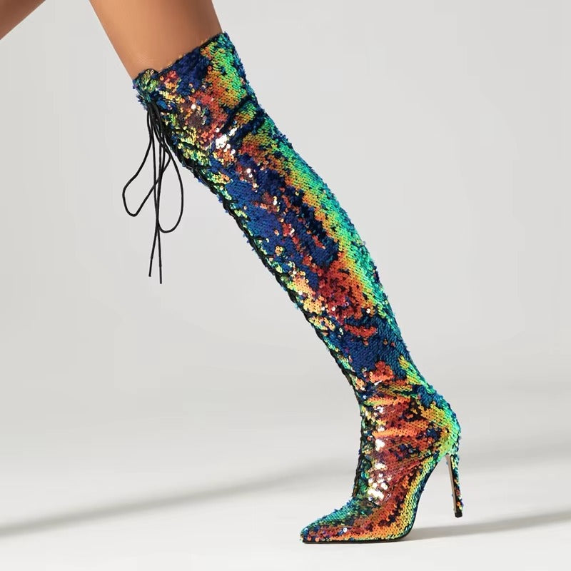 Sequin Pointed Lace up Nightclub Style High Leg Over Knee Long Boots