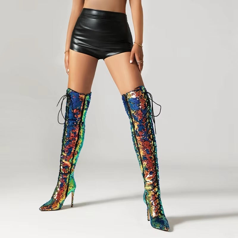 Sequin Pointed Lace up Nightclub Style High Leg Over Knee Long Boots