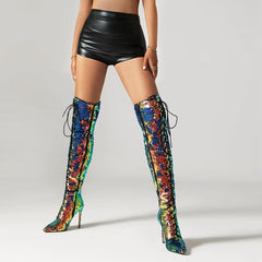 Sequin Pointed Lace up Nightclub Style High Leg Over Knee Long Boots