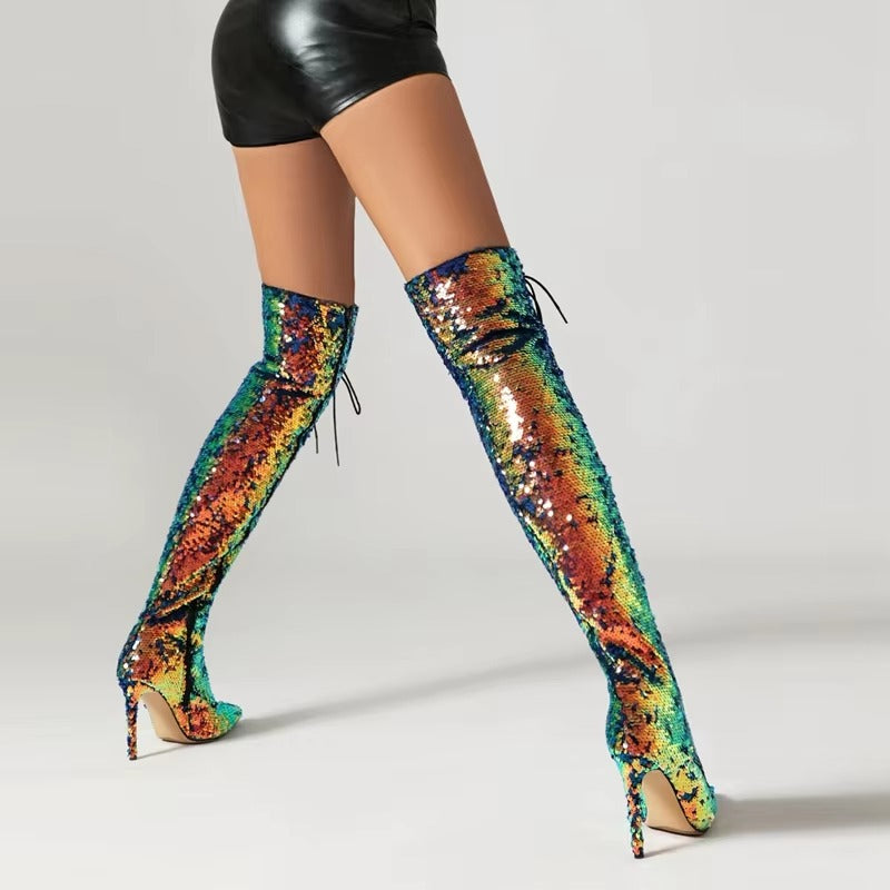 Sequin Pointed Lace up Nightclub Style High Leg Over Knee Long Boots