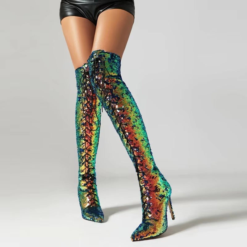 Sequin Pointed Lace up Nightclub Style High Leg Over Knee Long Boots