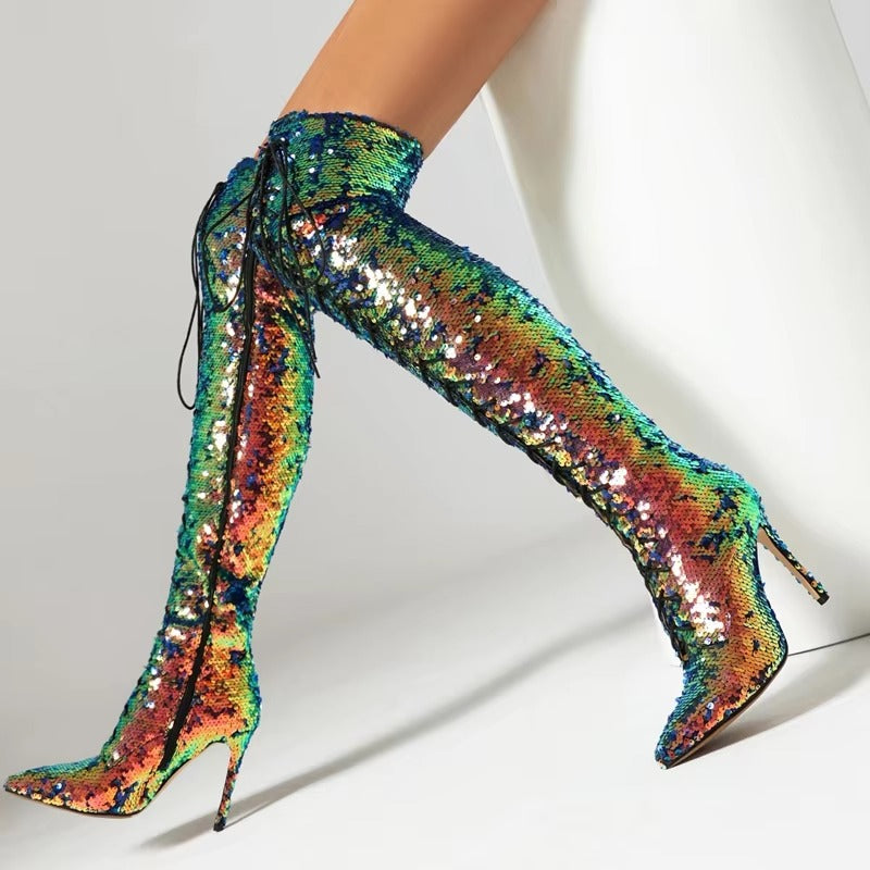 Sequin Pointed Lace up Nightclub Style High Leg Over Knee Long Boots