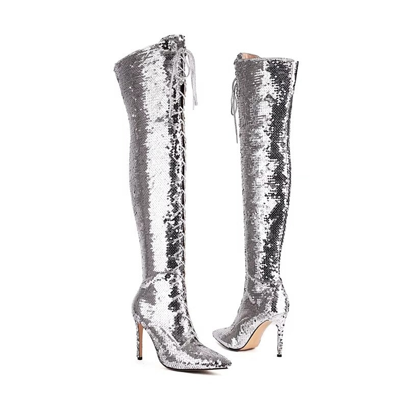 Sequin Pointed Lace up Nightclub Style High Leg Over Knee Long Boots