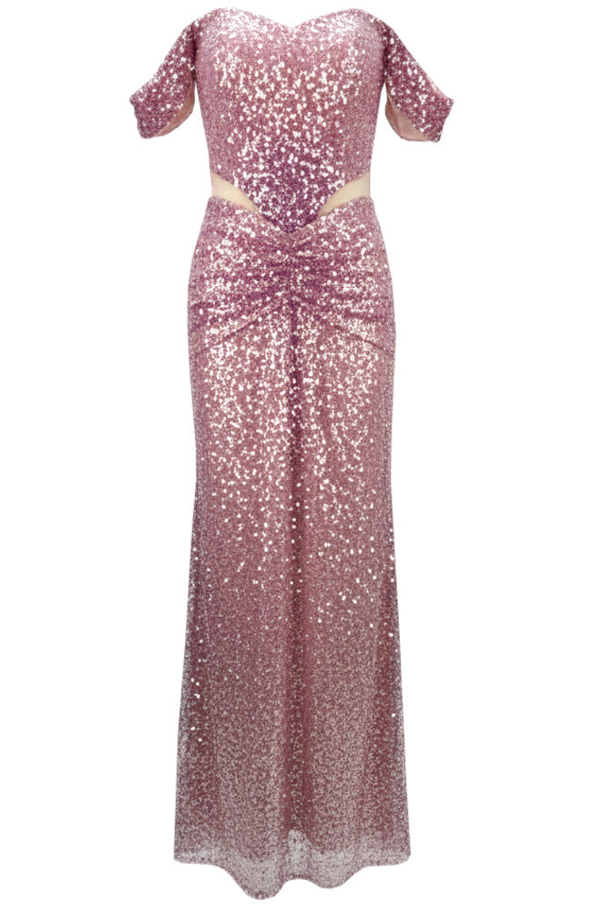 Sequin Bardot Draped Maxi Dress Pink