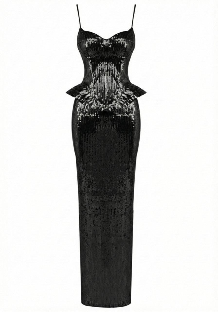 Sequin Peplum Corset Maxi Dress Black
