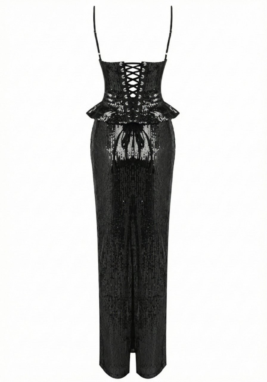 Sequin Peplum Corset Maxi Dress Black