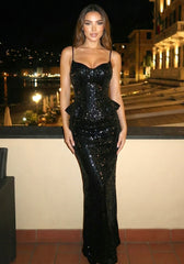 Sequin Peplum Corset Maxi Dress Black