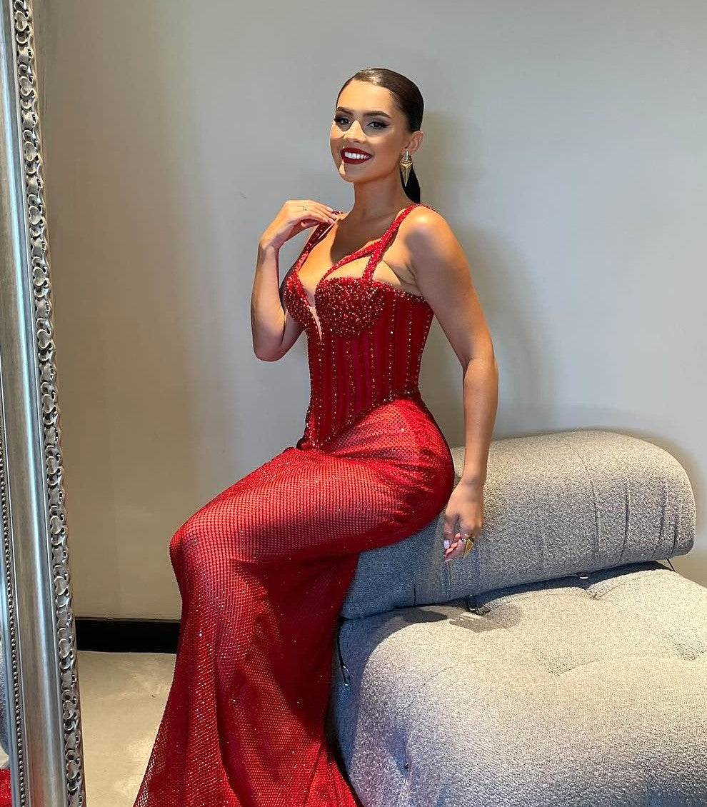 Sequin Corset Sparkly Maxi Dress Red