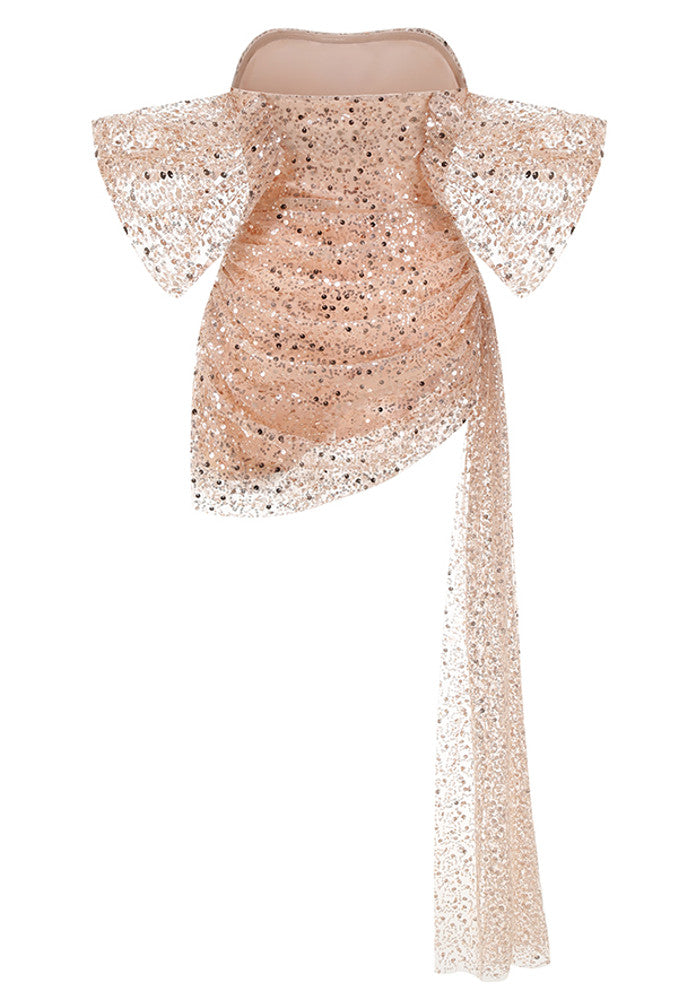 Sequin Draped Bardot Dress Rose Gold