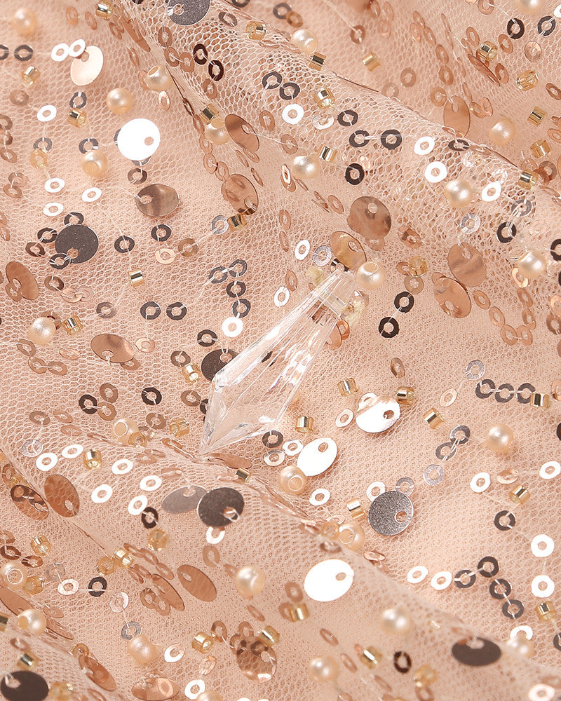 Sequin Draped Bardot Dress Rose Gold