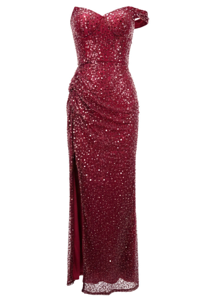 Sequin Draped Bardot Maxi Dress Red