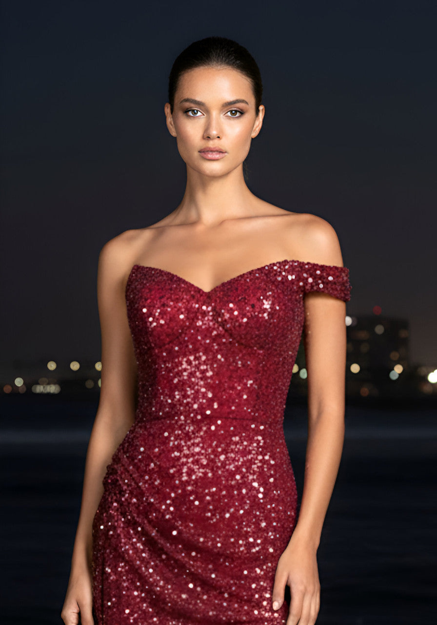 Sequin Draped Bardot Maxi Dress Red