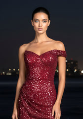 Sequin Draped Bardot Maxi Dress Red