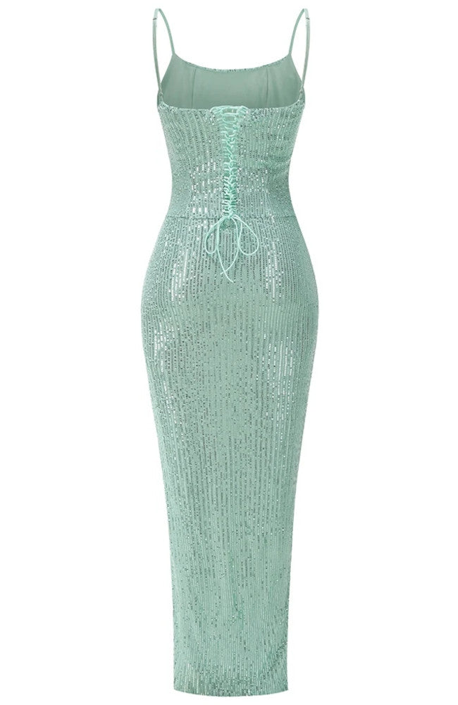 Sequin Draped Corset Maxi Dress Green