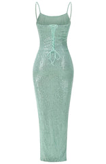 Sequin Draped Corset Maxi Dress Green