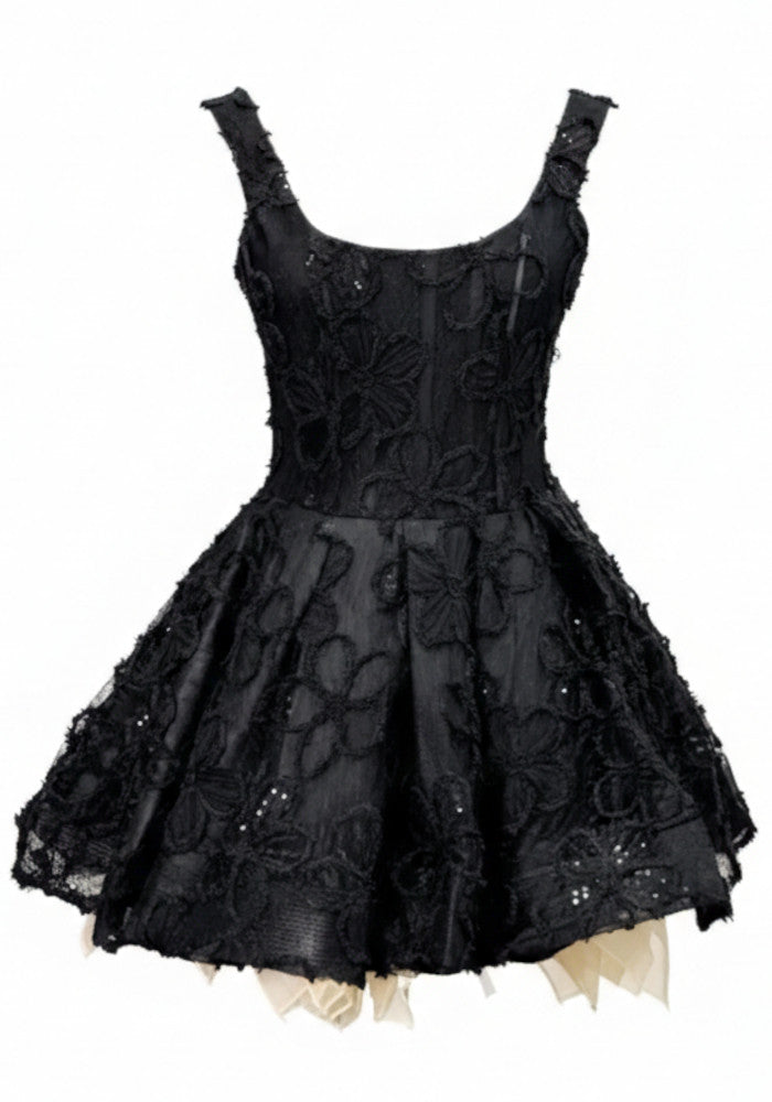 Sequin Floral Skater Dress Black