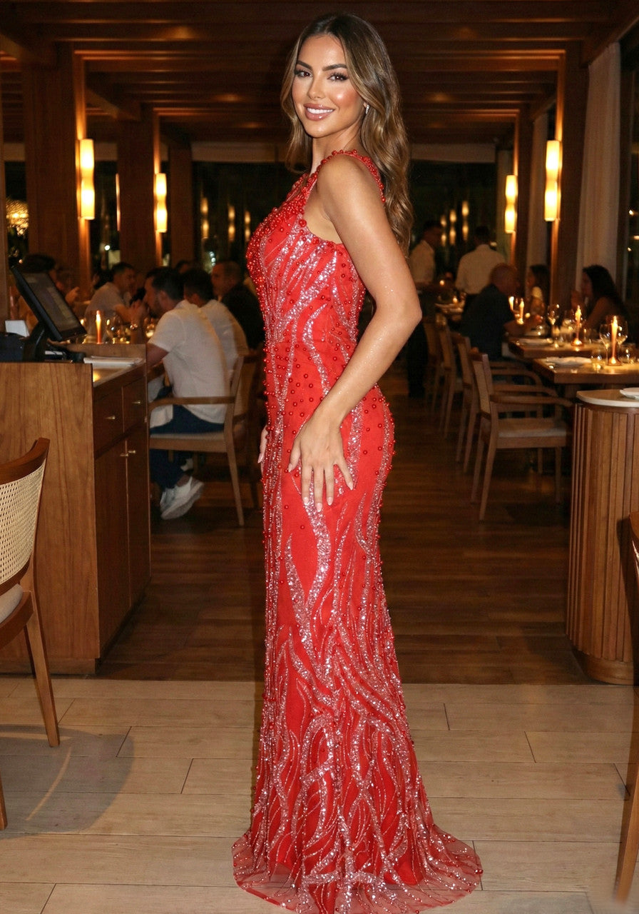 Sequin Maxi Dress Red Silver