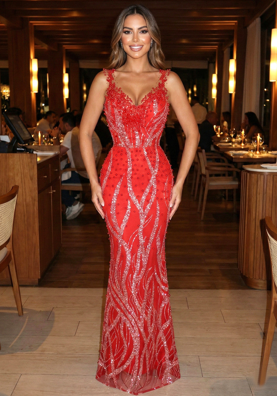 Sequin Maxi Dress Red Silver