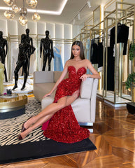 Mesh Insert Sequin Mermaid Maxi Dress Red