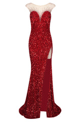 Mesh Insert Sequin Mermaid Maxi Dress Red