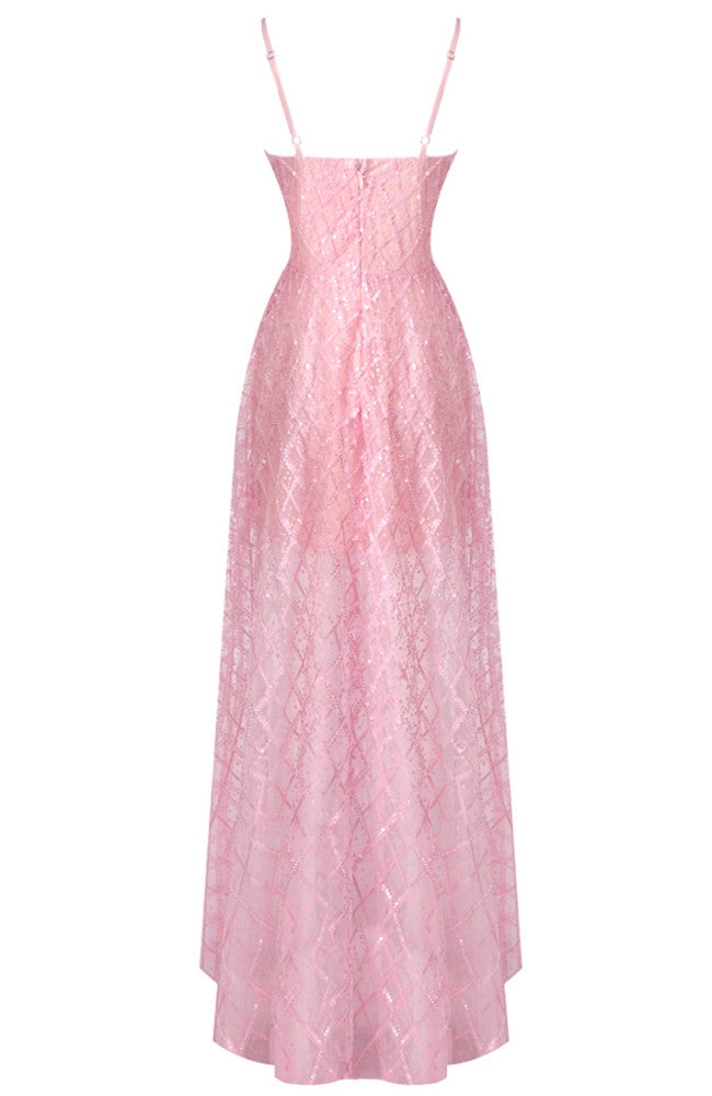 Sequin Structured Bustier A Line Maxi Dress Pink