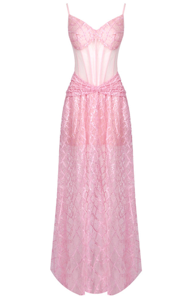 Sequin Structured Bustier A Line Maxi Dress Pink