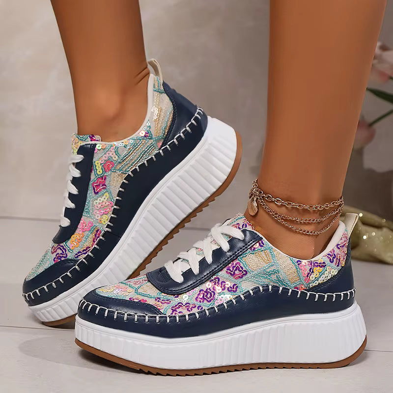 Sequins Platform Sneakers Thick Bottom Lace Up Walking Comfort Non Slip Sports Shoes