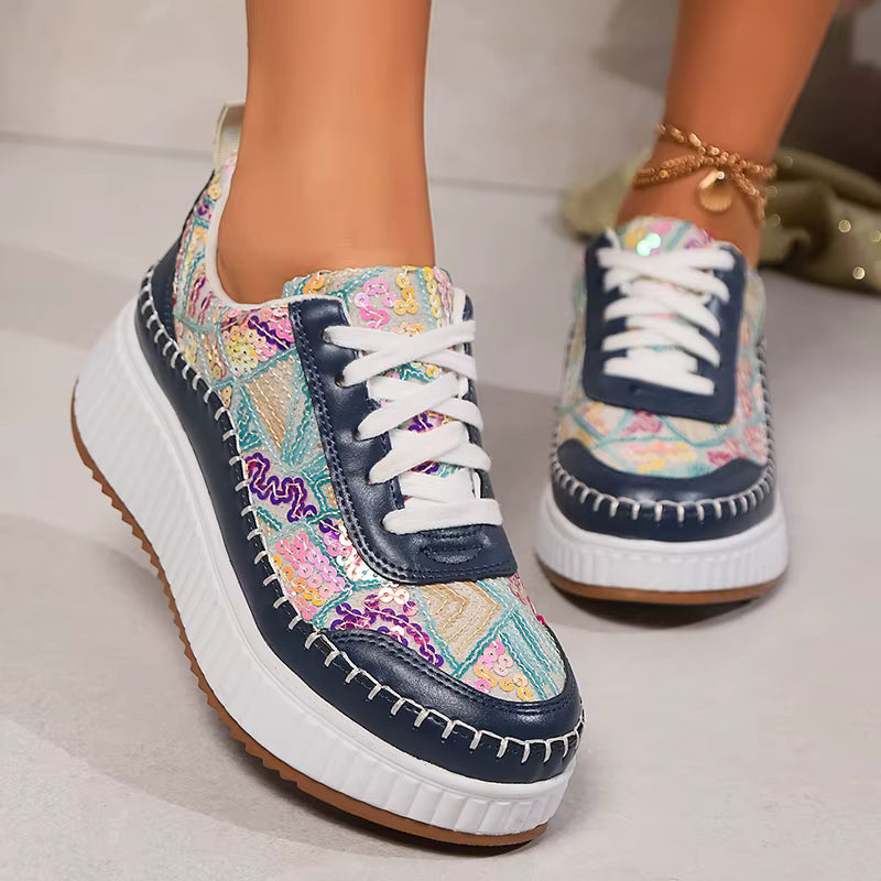 Sequins Platform Sneakers Thick Bottom Lace Up Walking Comfort Non Slip Sports Shoes