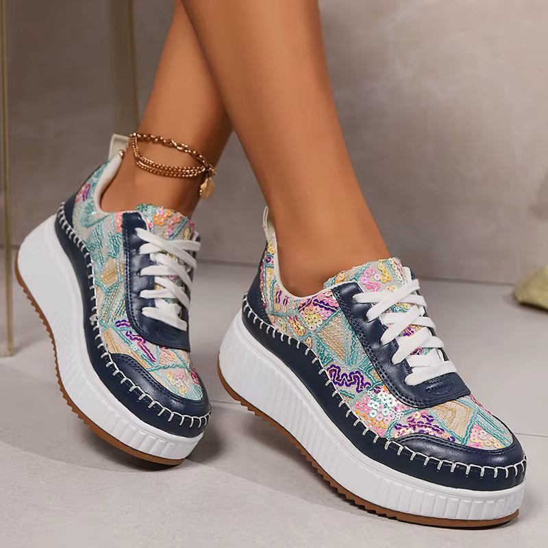 Sequins Platform Sneakers Thick Bottom Lace Up Walking Comfort Non Slip Sports Shoes