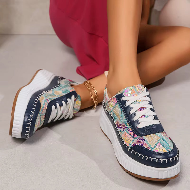 Sequins Platform Sneakers Thick Bottom Lace Up Walking Comfort Non Slip Sports Shoes