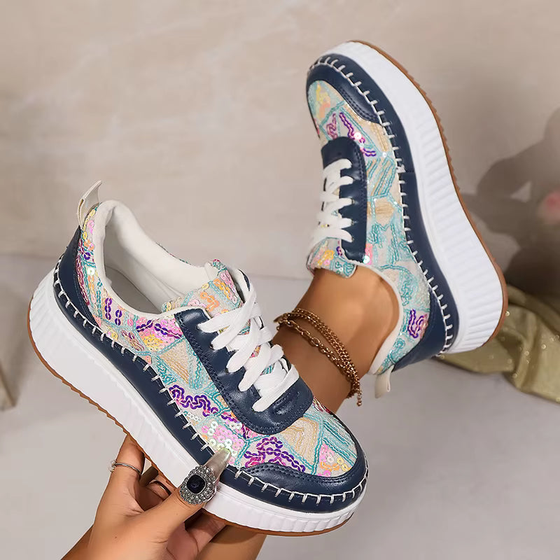 Sequins Platform Sneakers Thick Bottom Lace Up Walking Comfort Non Slip Sports Shoes
