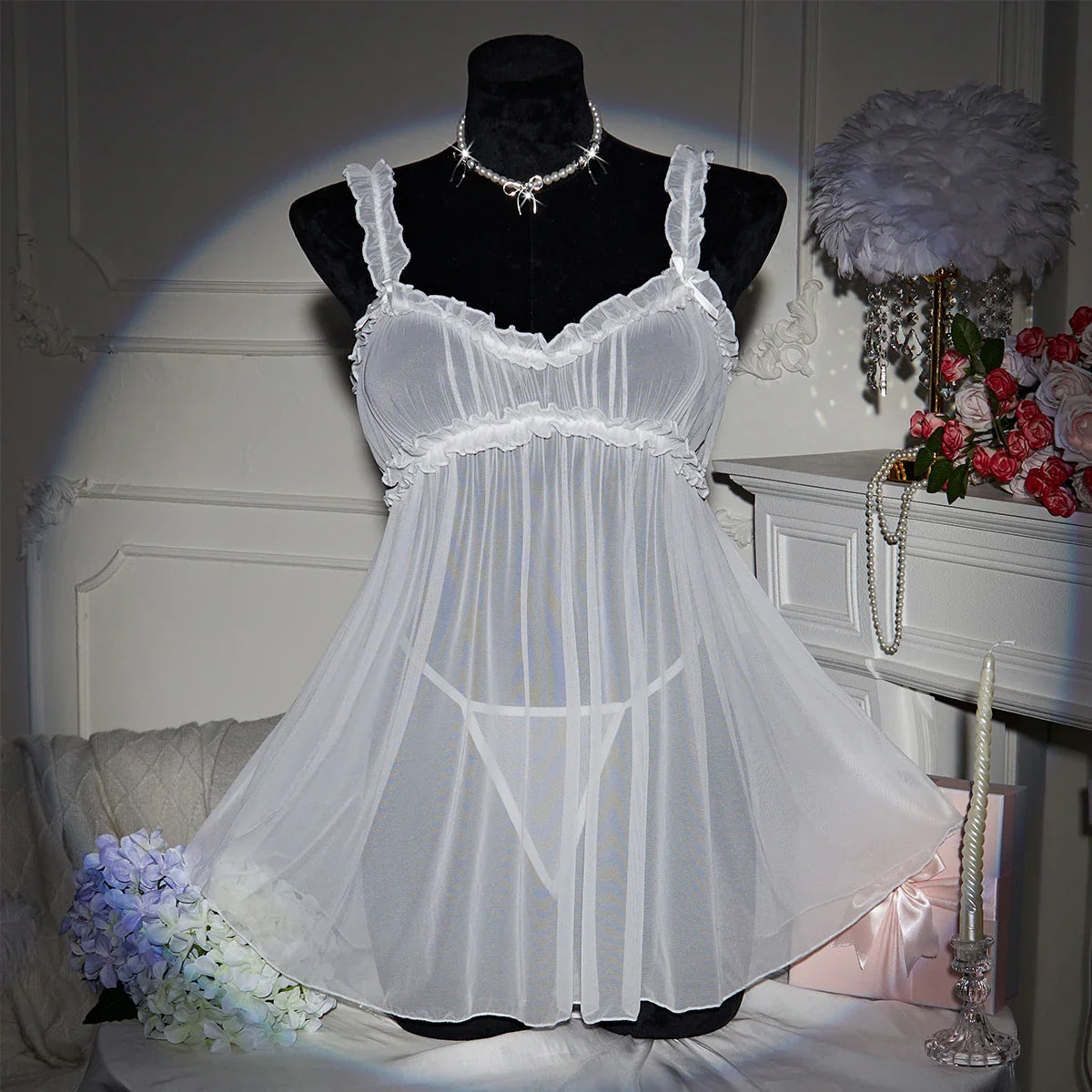 Adult White Lingerie Womens Underwear See Through Lace Nightdress And Panty Pijamas Sets Valentine's Day Gift Porn Lencería