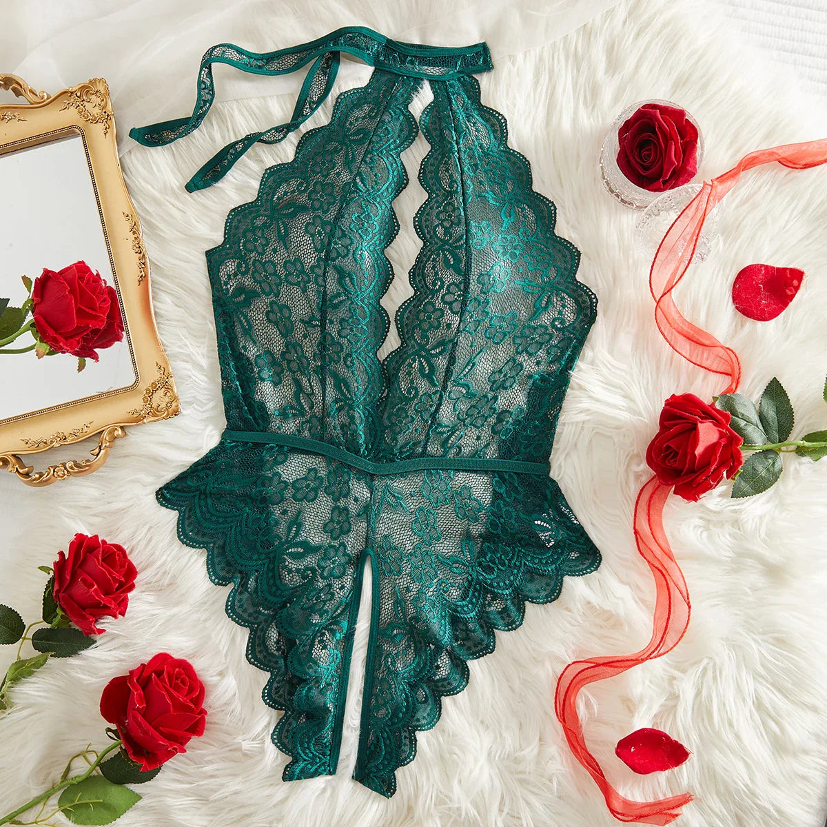 Babydoll Deep V Hollow Out Halter Bodysuit Woman Lingerie Body Transparent Lace Erotic Crotchless Intimate Fetish Pajamas