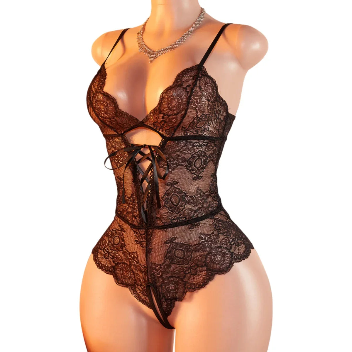 Black Crotchless Lingerie Lace Bra Set Transparent Erotic Costumes Deep V Hollow Out Backless Woman Underwear Sets